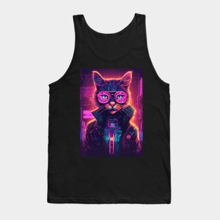 Futuristic Cyberpunk Neon Cat Wearing Glasses Tank Top